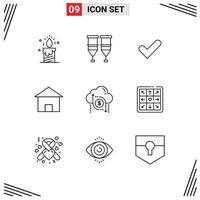 Pack of 9 creative Outlines of hut home transfusion cottage villa good Editable Vector Design Elements