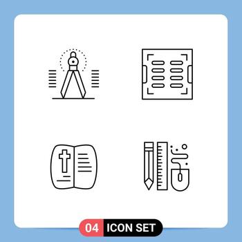 Mobile Interface Line Set of 4 Pictograms of compass book geometry construction easter Editable Vector Design Elements