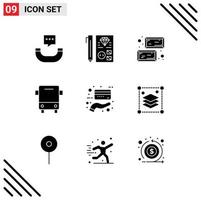 Mobile Interface Solid Glyph Set of 9 Pictograms of card transport gold traffic bus Editable Vector Design Elements