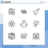 Group of 9 Modern Outlines Set for phone teamwork paper network cogwheel Editable Vector Design Elements