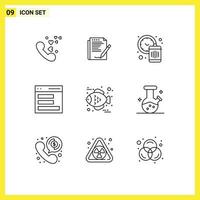 9 Universal Outlines Set for Web and Mobile Applications fish interface paper contact waste Editable Vector Design Elements