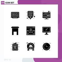 Universal Icon Symbols Group of 9 Modern Solid Glyphs of communication marketplace test institute building seo Editable Vector Design Elements