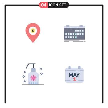 Set of 4 Vector Flat Icons on Grid for location schedule dollar date foam Editable Vector Design Elements