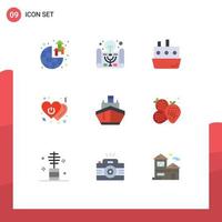 9 User Interface Flat Color Pack of modern Signs and Symbols of switch off boat love transport Editable Vector Design Elements