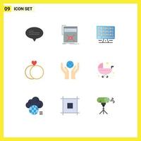 9 User Interface Flat Color Pack of modern Signs and Symbols of world care web wedding marriage Editable Vector Design Elements