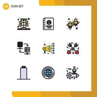 Pack of 9 creative Filledline Flat Colors of automation server rack agriculture server hosting fly Editable Vector Design Elements