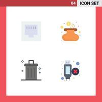 Pack of 4 Modern Flat Icons Signs and Symbols for Web Print Media such as cable garbage cash bin cable Editable Vector Design Elements