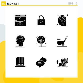 grupo de 9 signos y símbolos de glifos sólidos para hackear elementos de diseño de vectores editables nocturnos de estudio de hacker de corazón cerebral