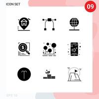 grupo de 9 signos y símbolos de glifos sólidos para elementos de diseño de vectores editables en dólares comerciales de navegación de soluciones forestales