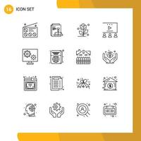 Pack of 16 creative Outlines of gear video tutorials report video advertising online advertisement Editable Vector Design Elements