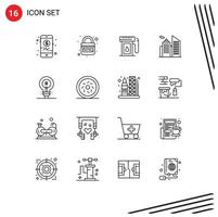 Mobile Interface Outline Set of 16 Pictograms of genuine brand gasoline office building Editable Vector Design Elements