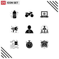 9 Universal Solid Glyphs Set for Web and Mobile Applications user avatar globe speaker school Editable Vector Design Elements