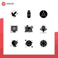 Mobile Interface Solid Glyph Set of 9 Pictograms of seminar forum finance webinar cooler Editable Vector Design Elements