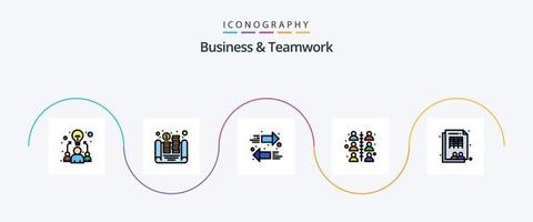 la línea de negocios y trabajo en equipo llenó el paquete de iconos planos 5 que incluye la mesa. empleado. flecha. trabaja. relación vector