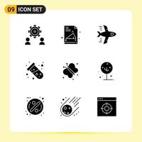 Pictogram Set of 9 Simple Solid Glyphs of spring butterfly airplane atom test Editable Vector Design Elements