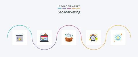 seo marketing flat 5 icon pack que incluye optimización. mirar. marketing. hora. dinero vector