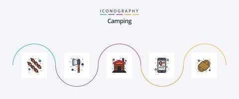 paquete de iconos planos llenos de línea de camping 5 que incluye. cordón para. de madera. nudo. móvil