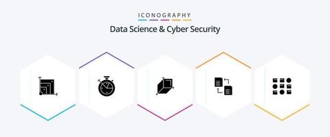 paquete de iconos de 25 glifos de ciencia de datos y seguridad cibernética que incluye el sistema. ciencia 3d. Cuota. datos vector