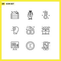 Group of 9 Modern Outlines Set for head autism digital mind weather Editable Vector Design Elements