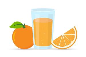 naranja, rodaja de naranja y jugo de naranja natural en un vaso. Zumo natural recién exprimido. ilustración vectorial aislada. vector