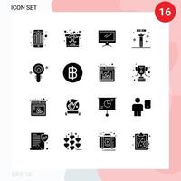 Group of 16 Modern Solid Glyphs Set for science flasks computer chemistry pc Editable Vector Design Elements