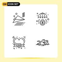 Mobile Interface Line Set of 4 Pictograms of airplane love funds investment mountain Editable Vector Design Elements