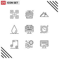 Pack of 9 Modern Outlines Signs and Symbols for Web Print Media such as screen computer landscape gallery drop Editable Vector Design Elements
