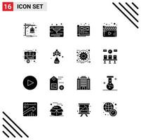 Pack of 16 creative Solid Glyphs of bag video creative player cinema Editable Vector Design Elements