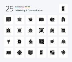 Paquete de iconos de 25 glifos sólidos de impresión y comunicación 3D, incluido el procesamiento. expediente. red. cable. conexión vector