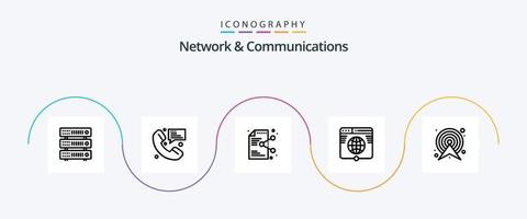 paquete de iconos de línea 5 de red y comunicaciones que incluye red. Internet. mensajería. globo. solicitud vector