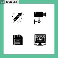 Set of 4 Vector Solid Glyphs on Grid for fire work diskette cam surveillance computer Editable Vector Design Elements