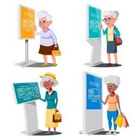 Old Woman Using ATM, Digital Terminal Vector. Set. LCD Digital Signage For Indoor Using. Interactive Informational Kiosk. Money Deposit, Withdrawal. Isolated Flat Cartoon Illustration vector
