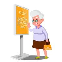 Old Woman Using ATM, Digital Terminal Vector. Interactive Informational Kiosk. Electronic Self Service Payment System. Isolated Flat Cartoon Illustration vector