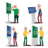 Old Man Using ATM, Digital Terminal Vector. Set. LCD Digital Signage For Indoor Using. Interactive Informational Kiosk. Money Deposit, Withdrawal. Isolated Flat Cartoon Illustration vector