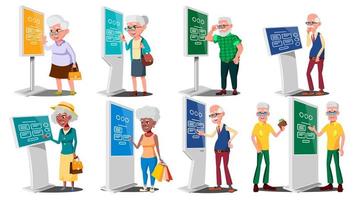 personas mayores que usan atm, vector de terminal digital. hombre mujer. colocar. señalización digital lcd para uso en interiores. quiosco informativo interactivo. depósito de dinero, retiro. ilustración de dibujos animados plana aislada