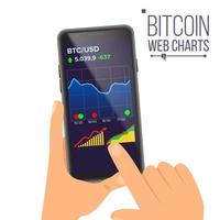 vector de gráficos web bitcoin. mano que sostiene el teléfono inteligente. aplicación de bitcoins dinero digital concepto de inversión. ilustración plana aislada