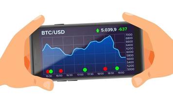 Bitcoin Application Web Charts Vector. Hand Holding Smartphone. Bitcoin Exchange App. Digital Money. Investment Concept. vector