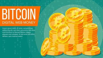 vector de banner de bitcoin. dinero web digital. pila de monedas de oro. moneda criptográfica de negocios. tecnología informática de efectivo. ilustración plana