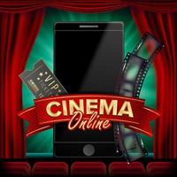 Online Cinema Poster Vector. Modern Mobile Smart Phone Concept. Good For Flyer, Banner, Marketing. Movie Reel, Clapper Board. Theater Curtain. Marketing Luxury Banner, Poster Illustration vector