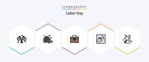 paquete de iconos de línea de relleno del día del trabajo 25 que incluye construcción. mano. bolso. limpio. caja de herramientas vector