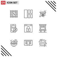 Pictogram Set of 9 Simple Outlines of interface security layout mobile web Editable Vector Design Elements