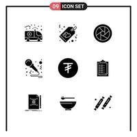 Pack of 9 Modern Solid Glyphs Signs and Symbols for Web Print Media such as mongolia tugrik camera accessories sing music Editable Vector Design Elements