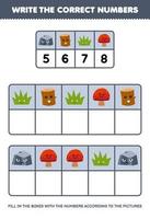 juego educativo para niños escribe los números correctos en el cuadro de acuerdo con la linda piedra madera registro hierba setas imágenes en la mesa hoja de trabajo de naturaleza imprimible vector
