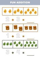 Education game for children fun addition by counting and tracing the number of cute cartoon leaf and wood log printable nature worksheet vector