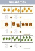 Education game for children fun addition by counting and tracing the number of cute cartoon leaf and wood log printable nature worksheet vector