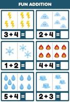 Education game for children fun addition by counting and sum of cute cartoon thunder cloud snowflake fire water ice printable nature worksheet vector