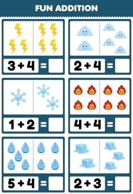 Education game for children fun addition by counting and sum of cute cartoon thunder cloud snowflake fire water ice printable nature worksheet