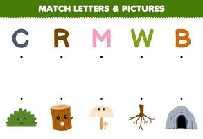 juego educativo para niños unir letras e imágenes de dibujos animados lindo arbusto madera hongo raíz cueva hoja de trabajo de naturaleza imprimible