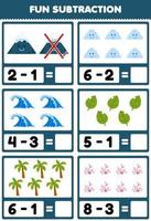 Education game for children fun subtraction by counting and eliminating cute cartoon mountain cloud wave leaf tree coral printable nature worksheet vector