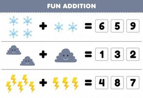 juego educativo para niños divertido además de adivinar el número correcto de dibujos animados lindo copo de nieve nube trueno hoja de trabajo de naturaleza imprimible vector